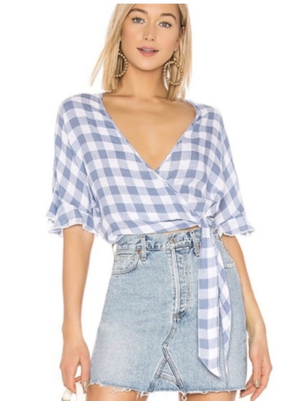 RAILS Light Blue Gingham Wrap Crop Top - Women